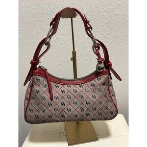 dooney bourke signature logo handbag adjustable wide handle red leather trim
